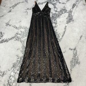 Halston Black Gold Metallic Maxi Dress V Neck Formal Evening Gown Womens Size 4